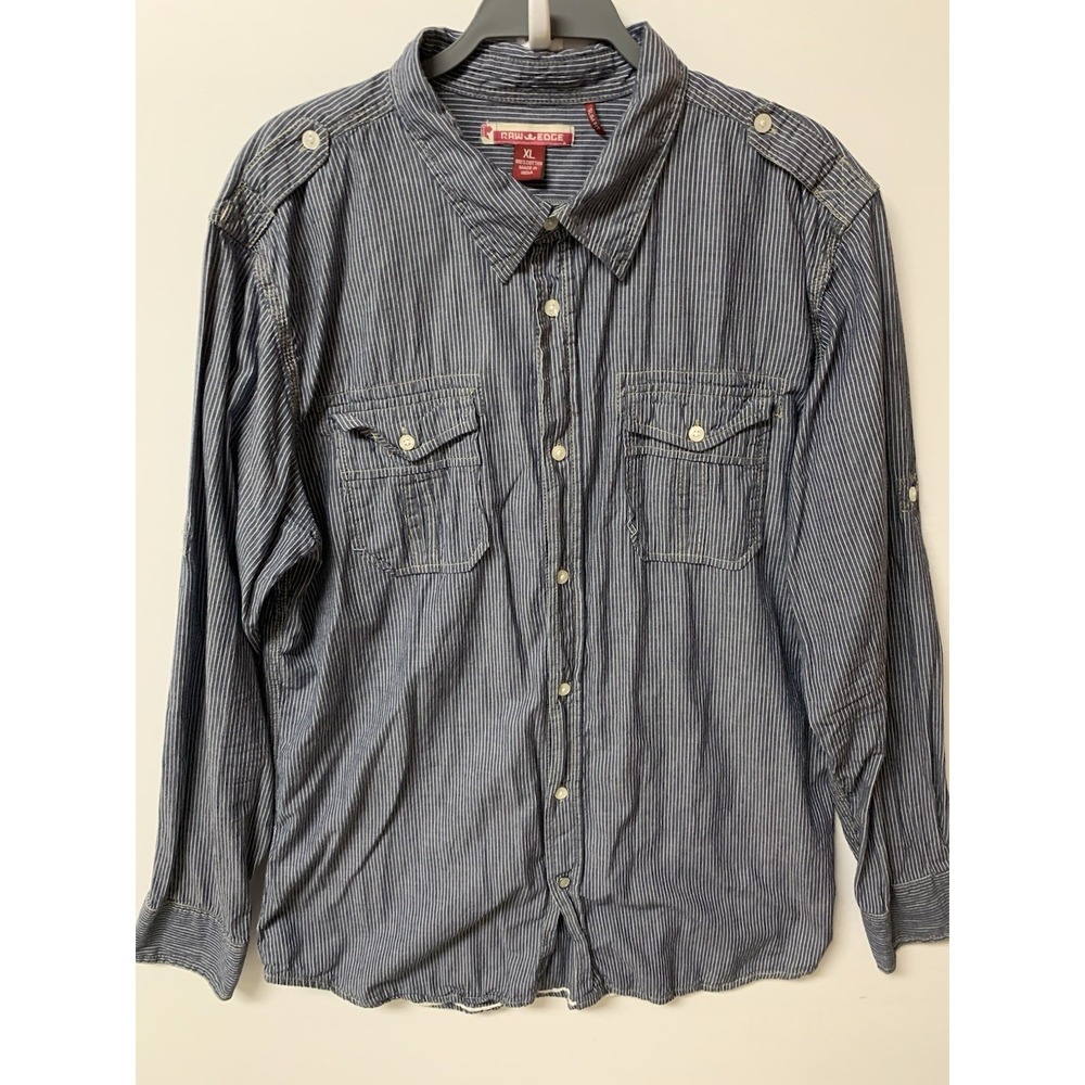 Raw‎ Edge Men's Shirt XL Blue Striped Button Snap Closure Long Sleeve Classic